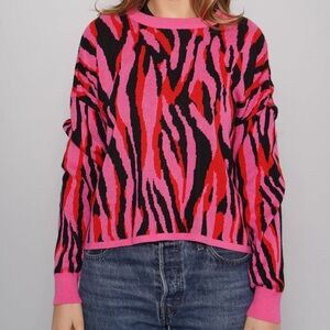 Bar III Womens M Pink Red Black Zebra Print Knit Sweater Pullover Bold Y2K